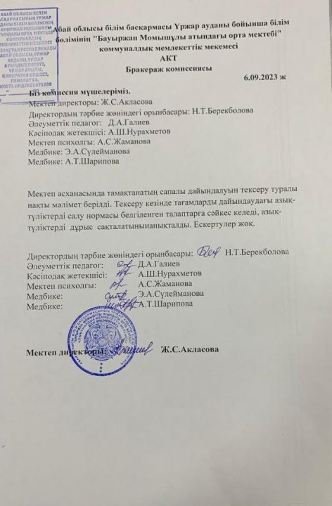 "Б.Момышұлы атындағы орта мектебі" КММ Бракераж АКТ